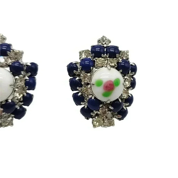 Blue Clear Rhinestone Pink Flower Guilloche Style Large Silver Tone Earrings - Picture 3 of 4